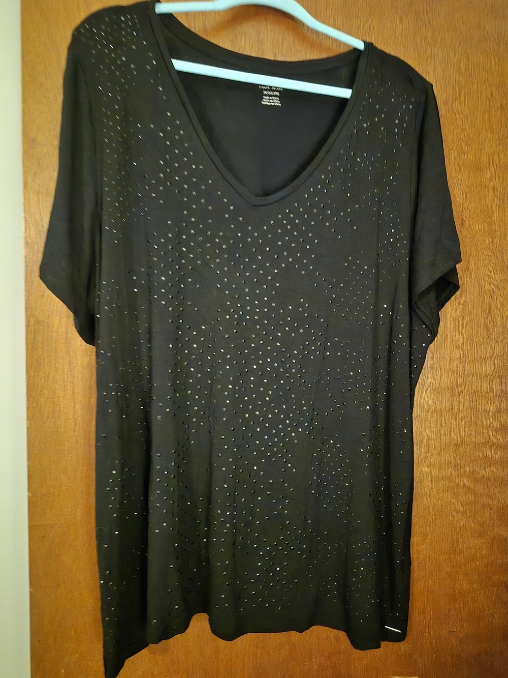 Calvin Klein Black V-Neck Short Sleeve Top with Rhinestone Accents